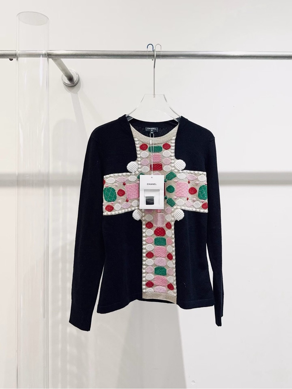 CHANEL Black Knit Sweater with Pink, Green & Red Cross Panel